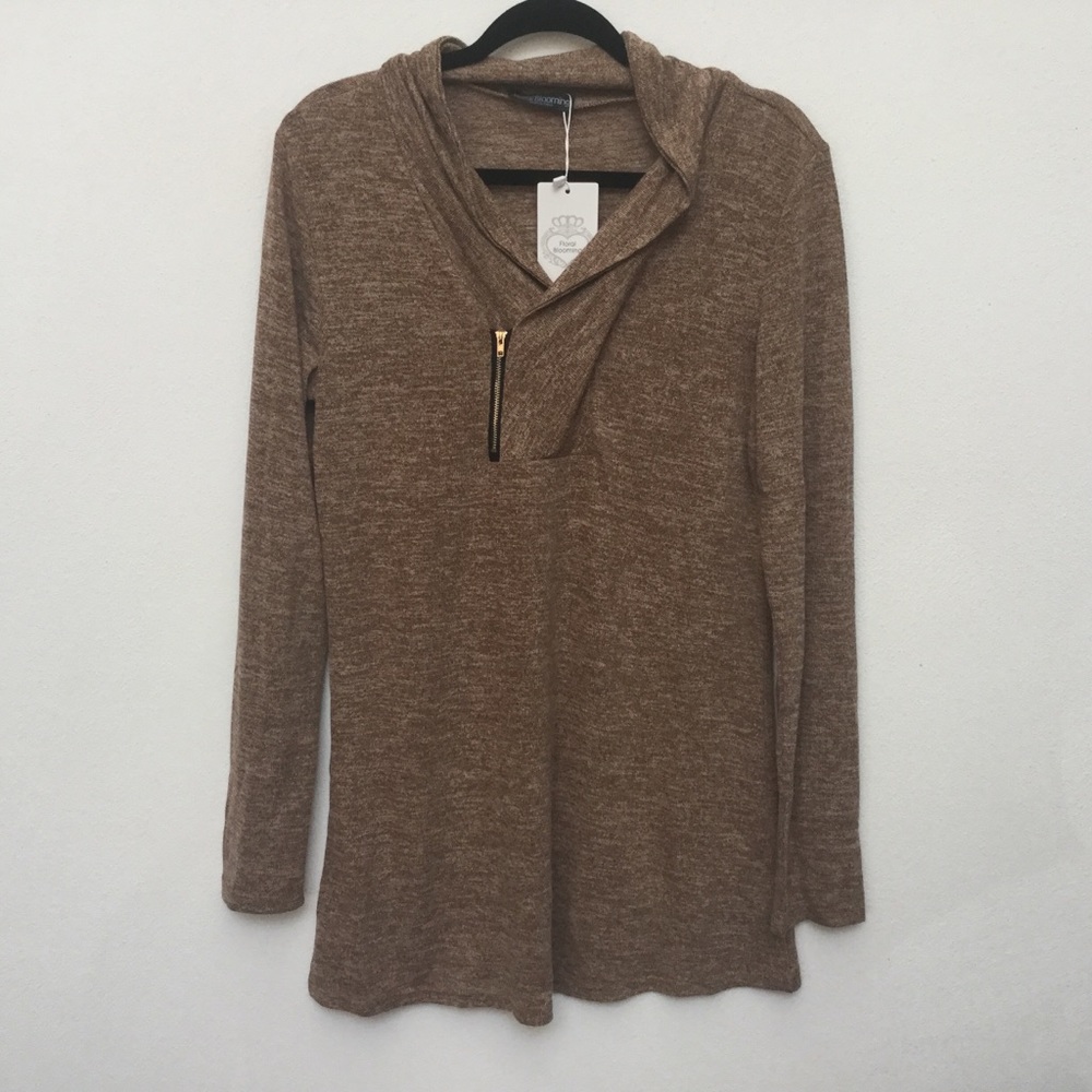 NWT Floral Blooming Long Sleeve Light Brown Zipper Front Tunic Top Size Large